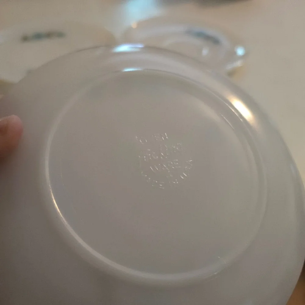 Vintage Fire-King Milk Glass Saucers Anniversary Blue Floral‎ Set of 3 USA Made
